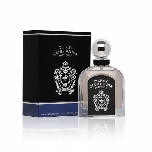 A bottle of ARMAF DERBY CLUB HOUSE cologne with a black and silver design, accompanied by its packaging box.