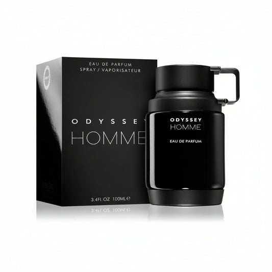 A black bottle of ARMAF ODYSSEY HOMME eau de parfum with a spray dispenser, displayed alongside its black box packaging with the product name and quantity '100ml' visible.