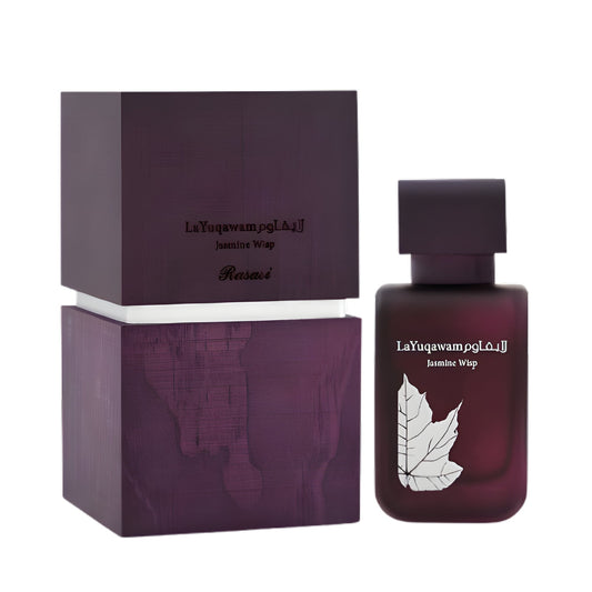 RASASI LA YUQAWAM JASMINE WISP bottle and box details by Rasasi | تفاصيل زجاجة وعبوة RASASI LA YUQAWAM JASMINE WISP من الرصاصي