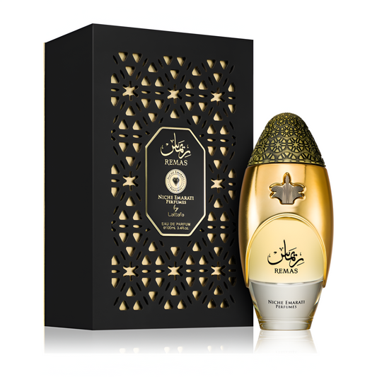 NICHE EMARATI REMAS bottle and box details by Niche | تفاصيل زجاجة وعبوة NICHE EMARATI REMAS من دوريا للعطور