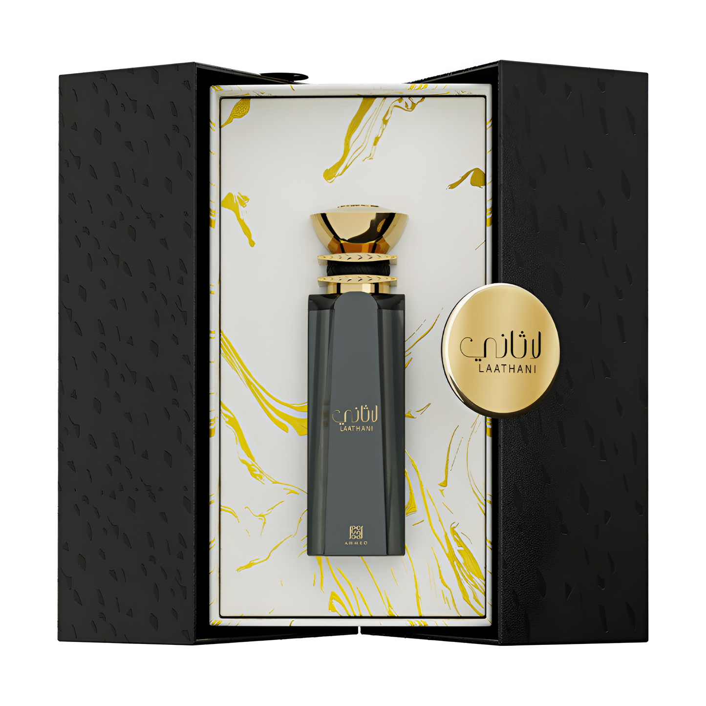 AHMED AL MAGHRIBI LAATHANI bottle and box details by Ahmed Al Maghribi | تفاصيل زجاجة وعبوة AHMED AL MAGHRIBI LAATHANI من دوريا للعطور
