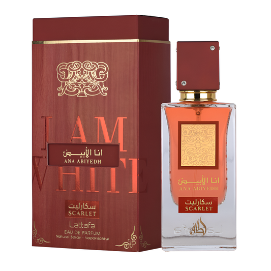 LATTAFA ANA ABIYEDH SCARLET bottle and box details by Lattafa | تفاصيل زجاجة وعبوة LATTAFA ANA ABIYEDH SCARLET من لطافة