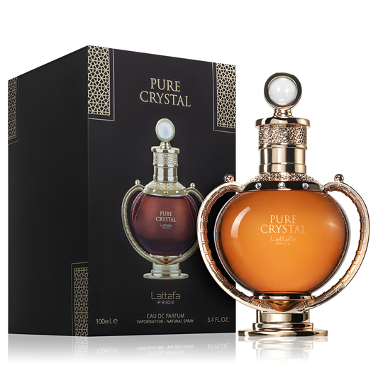 LATTAFA PRIDE PURE CRYSTAL bottle and box details by Lattafa Pride | تفاصيل زجاجة وعبوة LATTAFA PRIDE PURE CRYSTAL من لطافة