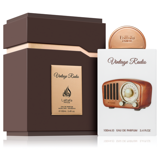 LATTAFA PRIDE VINTAGE RADIO bottle and box details by Lattafa Pride | تفاصيل زجاجة وعبوة LATTAFA PRIDE VINTAGE RADIO من لطافة
