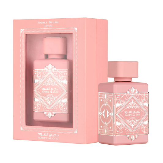 LATTAFA BADEE AL OUD NOBLE BLUSH bottle and box details by Lattafa | تفاصيل زجاجة وعبوة LATTAFA BADEE AL OUD NOBLE BLUSH من لطافة