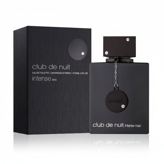 ARMAF Club De Nuit Intense Man perfume bottle and packaging, predominantly black with silver accents.