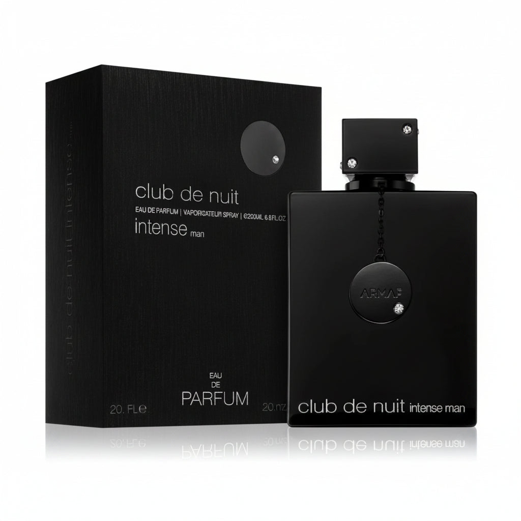 ARMAF Club De Nuit Intense Men's Eau de Parfum in a black bottle with a black box, both labeled with the product name and the brand logo.