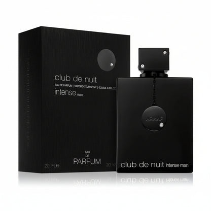 ARMAF Club De Nuit Intense Men's Eau de Parfum in a black bottle with a black box, both labeled with the product name and the brand logo.