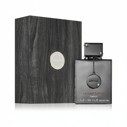 A boxed ARMAF Club de Nuit Limited Edition perfume bottle with a black cap and label, indicating luxury and exclusivity.