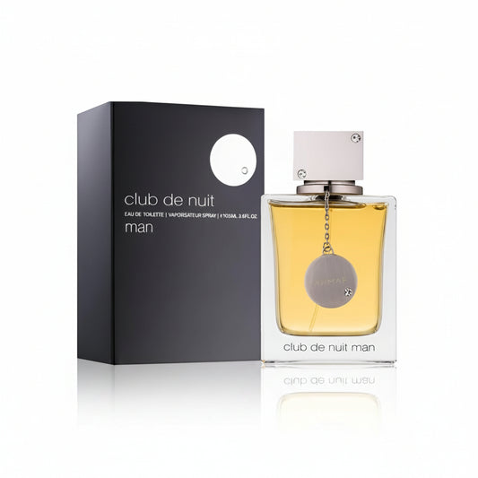 ARMAF Club De Nuit Man perfume bottle and packaging, with the brand name displayed on the box and the bottle containing a yellow liquid.