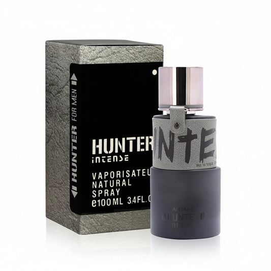 A product image featuring a box and spray bottle for ARMAF HUNTER INTENSE, described as a natural spray fragrance.