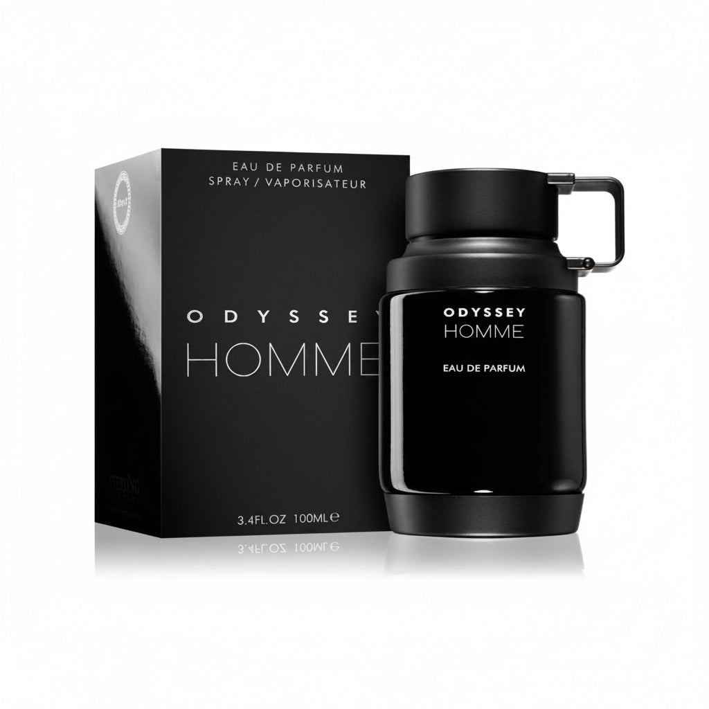 A black bottle of ARMAF ODYSSEY HOMME eau de parfum with a spray dispenser, displayed alongside its black box packaging with the product name and quantity '100ml' visible.