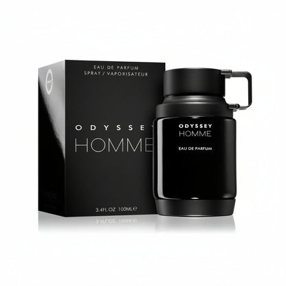 A black bottle of ARMAF ODYSSEY HOMME eau de parfum with a spray dispenser, displayed alongside its black box packaging with the product name and quantity '100ml' visible.
