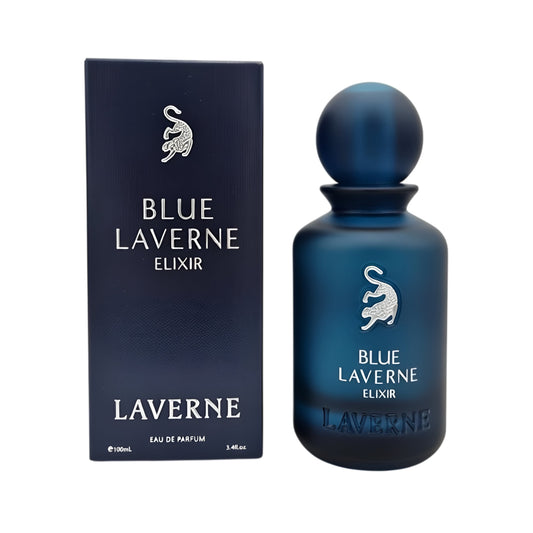 BLUE LAVERNE ELIXER 100ML bottle and box details by Blue | تفاصيل زجاجة وعبوة BLUE LAVERNE ELIXER 100ML من دوريا للعطور