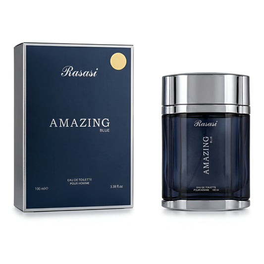 RASASI AMAZING BLUE bottle and box details by Rasasi | تفاصيل زجاجة وعبوة RASASI AMAZING BLUE من الرصاصي