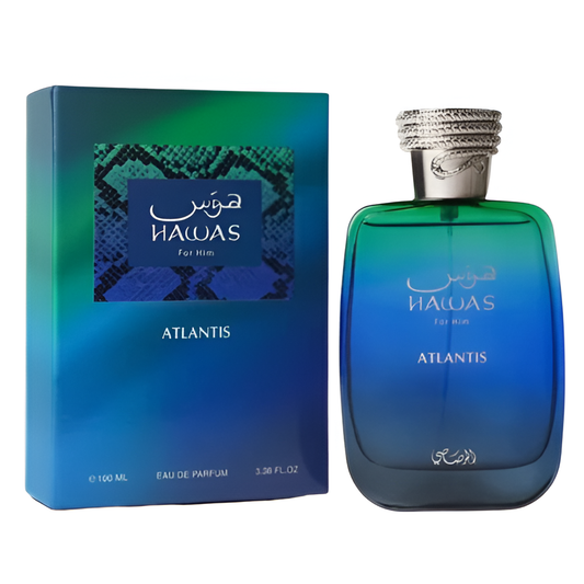 RASASI HAWAS ATLANTIS bottle and box details by Rasasi | تفاصيل زجاجة وعبوة RASASI HAWAS ATLANTIS من الرصاصي