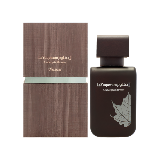 RASASI LA YUQAWAM AMBERGRIS SHOWERS bottle and box details by Rasasi | تفاصيل زجاجة وعبوة RASASI LA YUQAWAM AMBERGRIS SHOWERS من الرصاصي