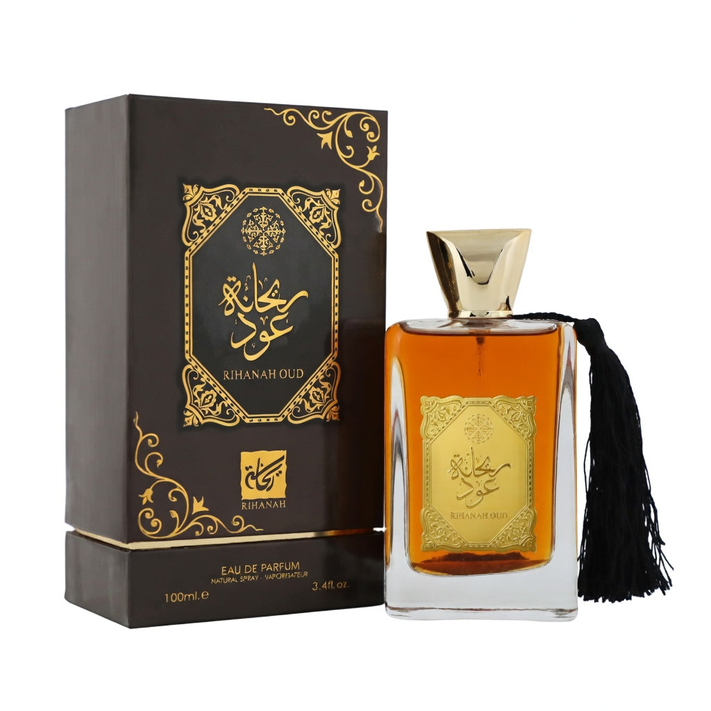 RIHANAH OUD bottle and box details by Rihanah | تفاصيل زجاجة وعبوة RIHANAH OUD من ريحانة