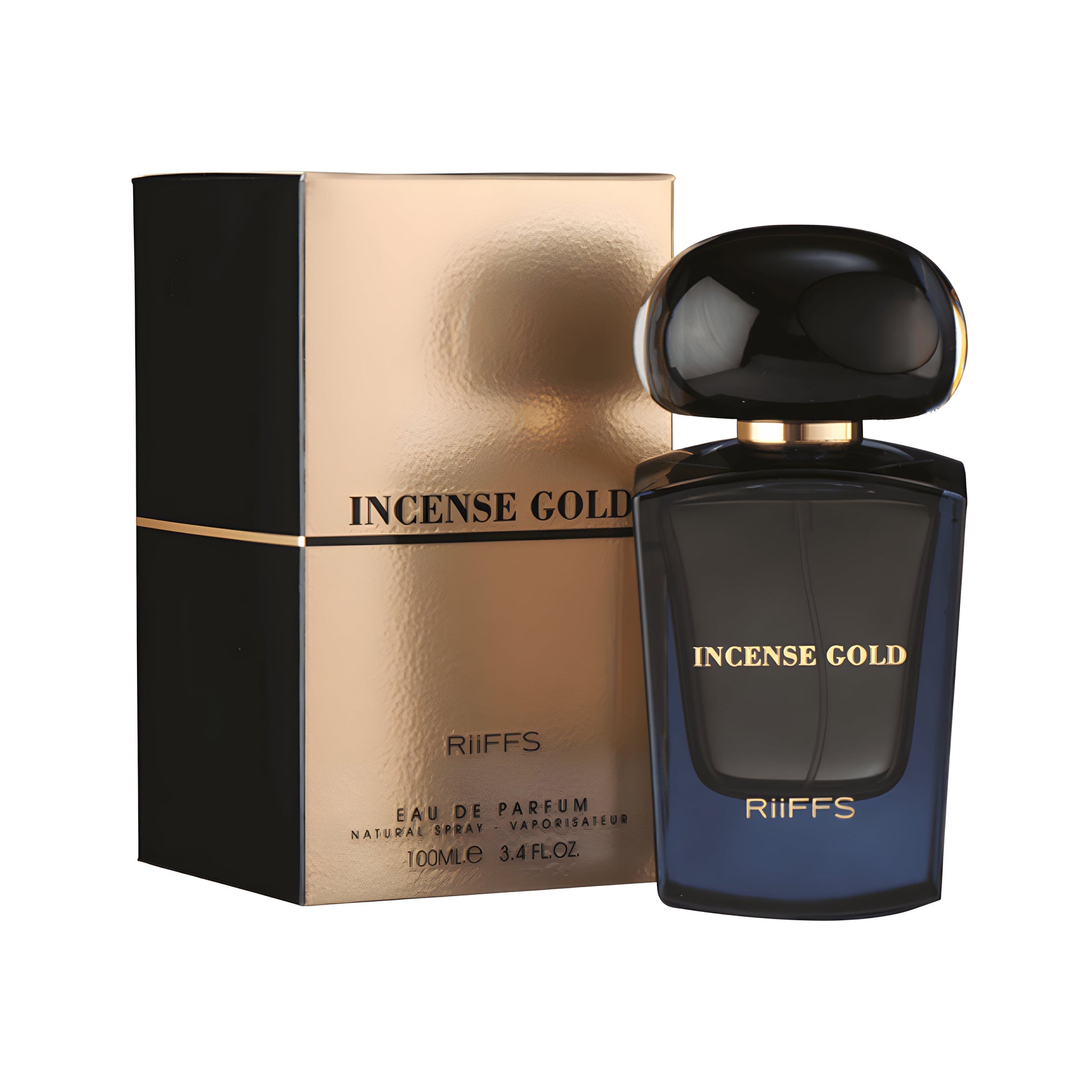 RIIFFS INCENSE GOLD bottle and box details by Riiffs | تفاصيل زجاجة وعبوة RIIFFS INCENSE GOLD من ريفز
