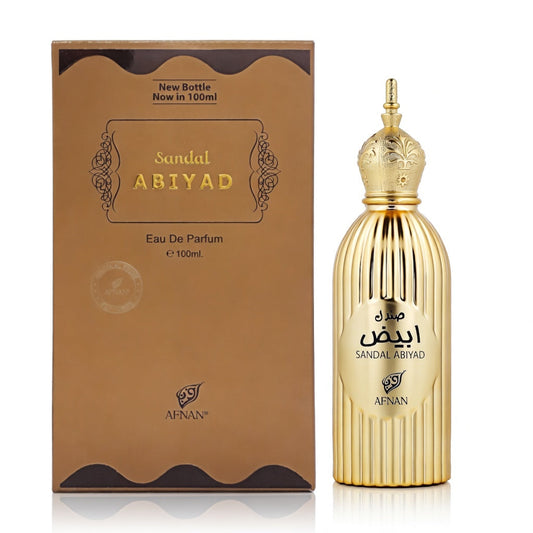 AFNAN SANDAL ABIYAD EDP 100ML bottle and box details by Afnan | تفاصيل زجاجة وعبوة AFNAN SANDAL ABIYAD EDP 100ML من أفنان