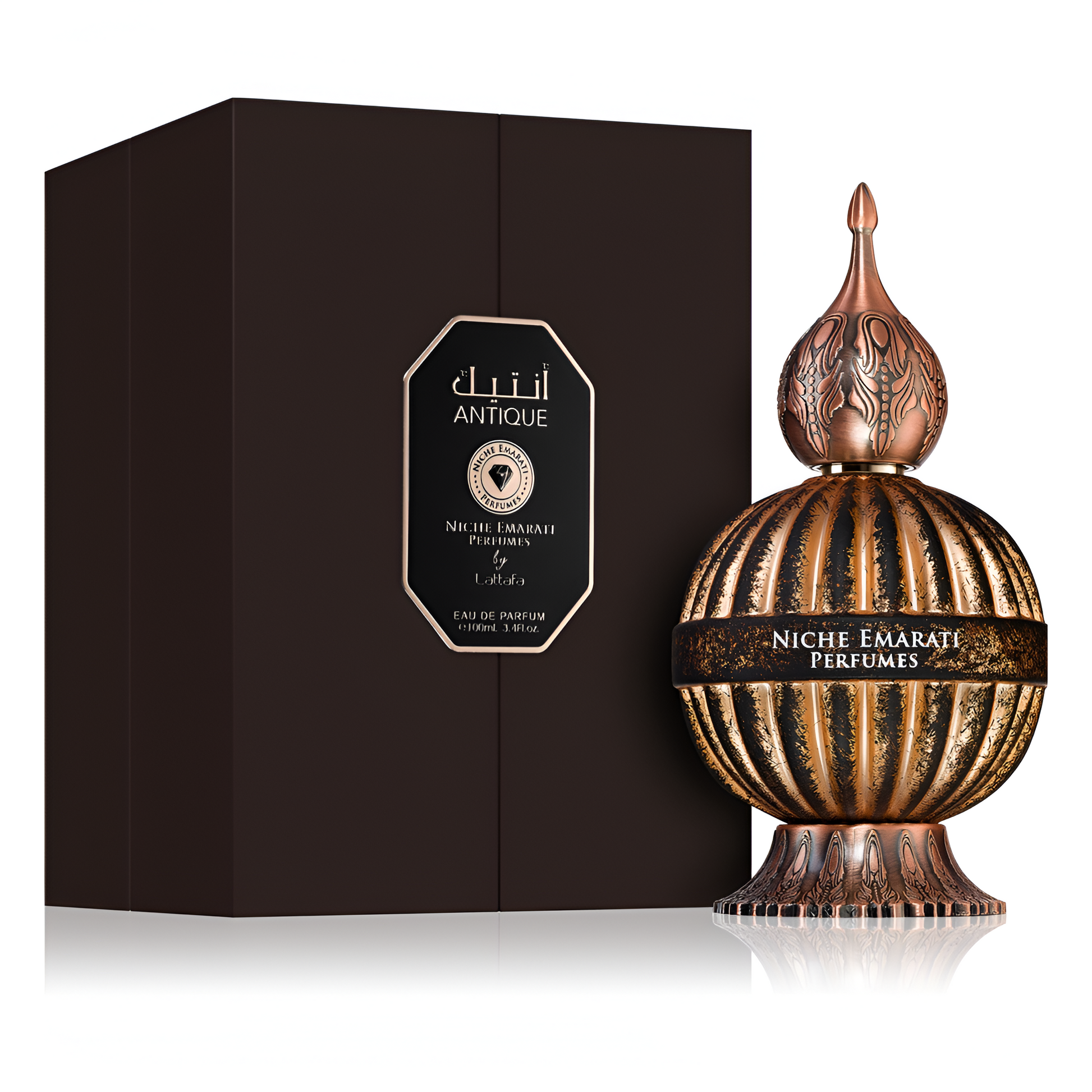 NICHE EMARATI ANTIQUE bottle and box details by Niche | تفاصيل زجاجة وعبوة NICHE EMARATI ANTIQUE من دوريا للعطور
