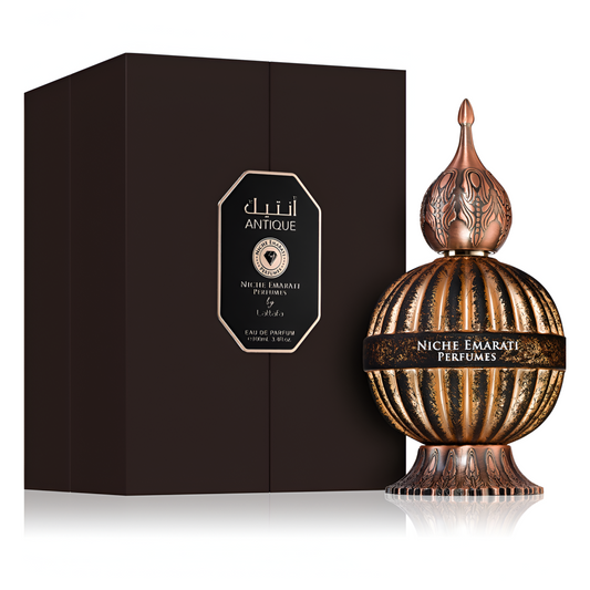 NICHE EMARATI ANTIQUE bottle and box details by Niche | تفاصيل زجاجة وعبوة NICHE EMARATI ANTIQUE من دوريا للعطور
