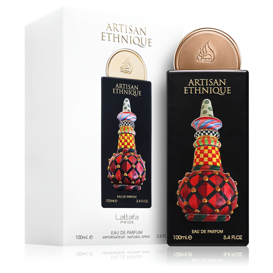 LATTAFA PRIDE ARTISAN ETHNIQUE bottle and box details by Lattafa Pride | تفاصيل زجاجة وعبوة LATTAFA PRIDE ARTISAN ETHNIQUE من لطافة