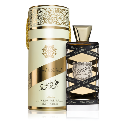 LATTAFA OUD MOOD bottle and box details by Lattafa | تفاصيل زجاجة وعبوة LATTAFA OUD MOOD من لطافة