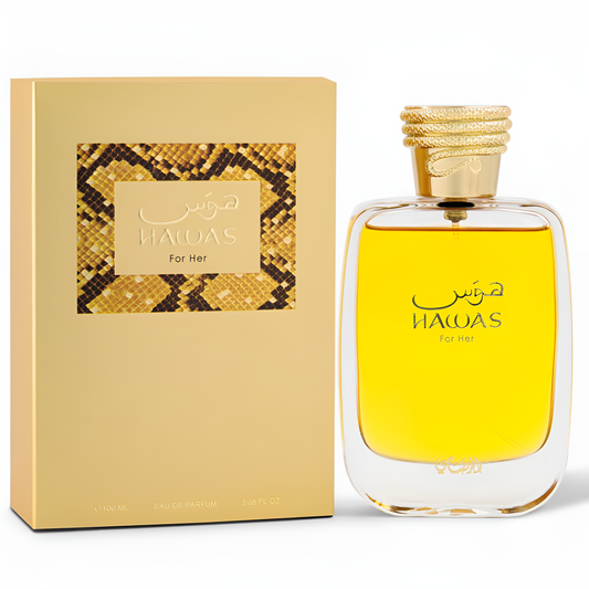 RASASI HAWAS FOR HER bottle and box details by Rasasi | تفاصيل زجاجة وعبوة RASASI HAWAS FOR HER من الرصاصي