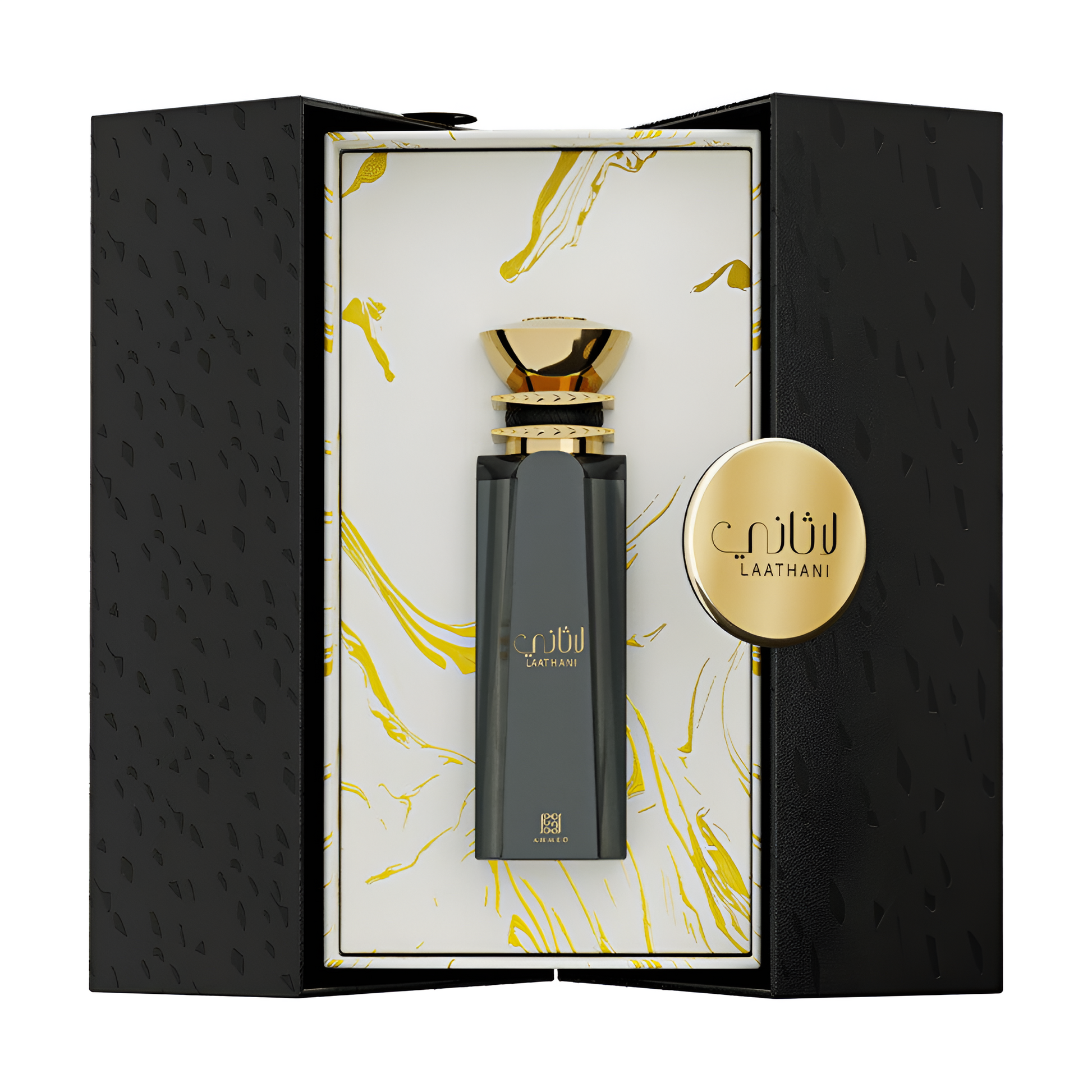 AHMED AL MAGHRIBI LAATHANI bottle and box details by Ahmed Al Maghribi | تفاصيل زجاجة وعبوة AHMED AL MAGHRIBI LAATHANI من دوريا للعطور