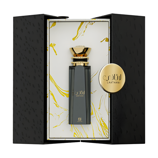 AHMED AL MAGHRIBI LAATHANI bottle and box details by Ahmed Al Maghribi | تفاصيل زجاجة وعبوة AHMED AL MAGHRIBI LAATHANI من دوريا للعطور