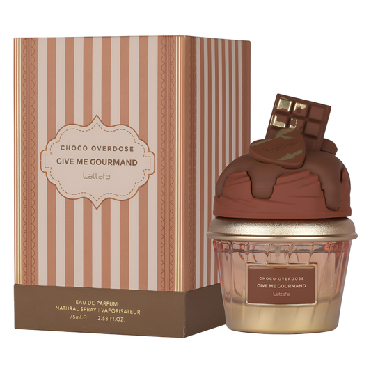 LATTAFA GOURMAND CHOCO OVERDOSE bottle and box details by Lattafa | تفاصيل زجاجة وعبوة LATTAFA GOURMAND CHOCO OVERDOSE من لطافة