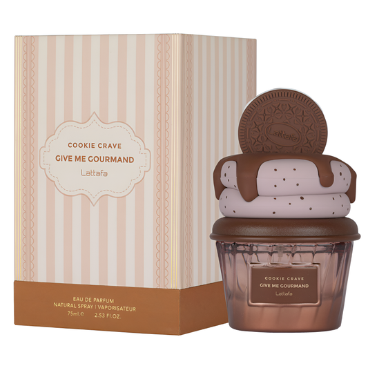 LATTAFA GOURMAND COOKIE CRAVE bottle and box details by Lattafa | تفاصيل زجاجة وعبوة LATTAFA GOURMAND COOKIE CRAVE من لطافة
