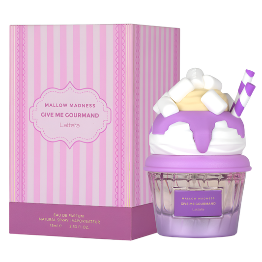 LATTAFA GOURMAND MALLOW MADNESS bottle and box details by Lattafa | تفاصيل زجاجة وعبوة LATTAFA GOURMAND MALLOW MADNESS من لطافة