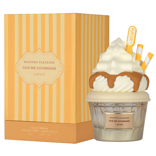 LATTAFA GOURMAND WHIPPED PLEASURE bottle and box details by Lattafa | تفاصيل زجاجة وعبوة LATTAFA GOURMAND WHIPPED PLEASURE من لطافة