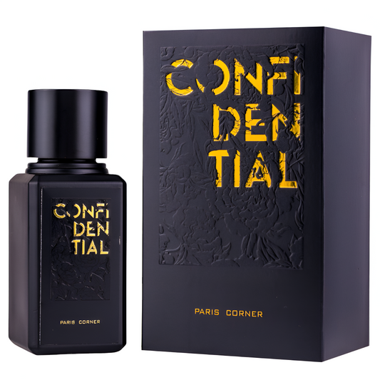 PARIS CORNER CONFIDENTIAL bottle and box details by Paris Corner | تفاصيل زجاجة وعبوة PARIS CORNER CONFIDENTIAL من باريس كورنر