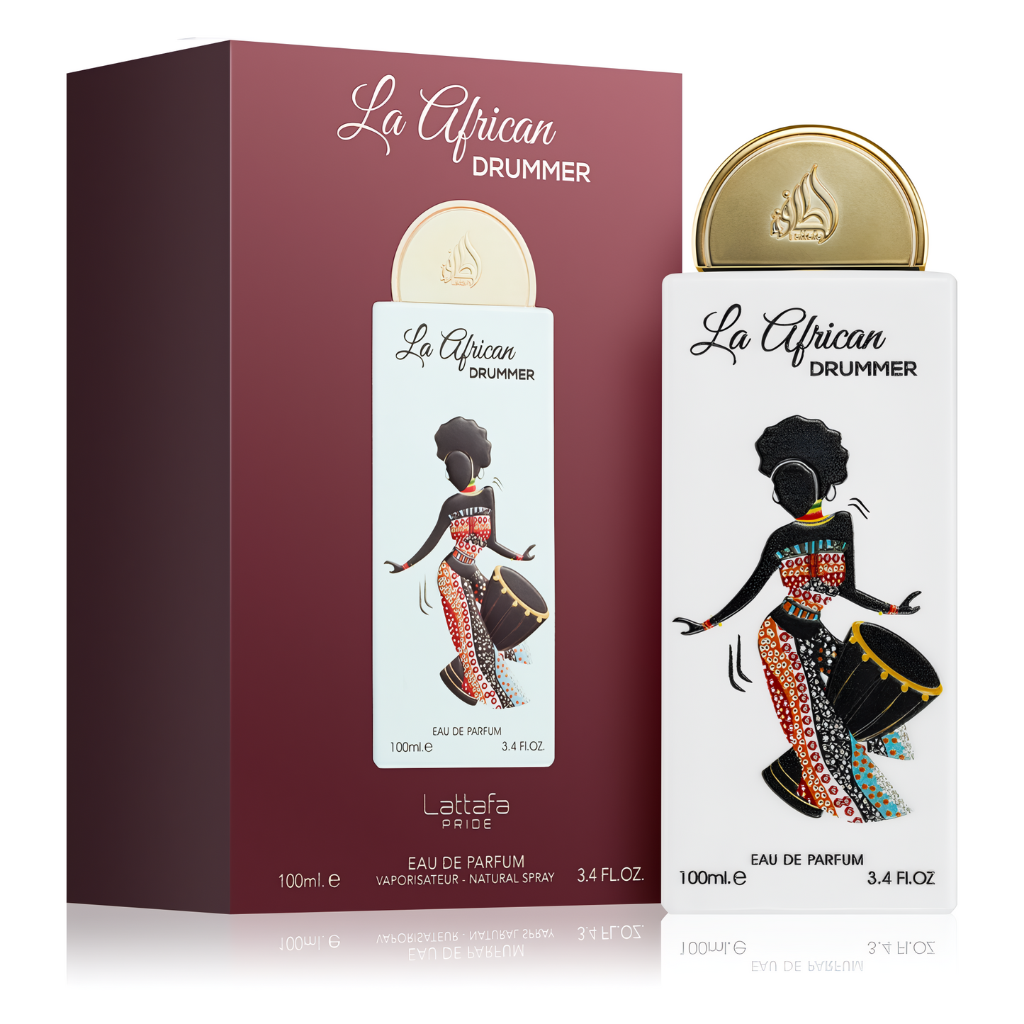 LATTAFA PRIDE LA AFRICAN DRUMMER bottle and box details by Lattafa Pride | تفاصيل زجاجة وعبوة LATTAFA PRIDE LA AFRICAN DRUMMER من لطافة